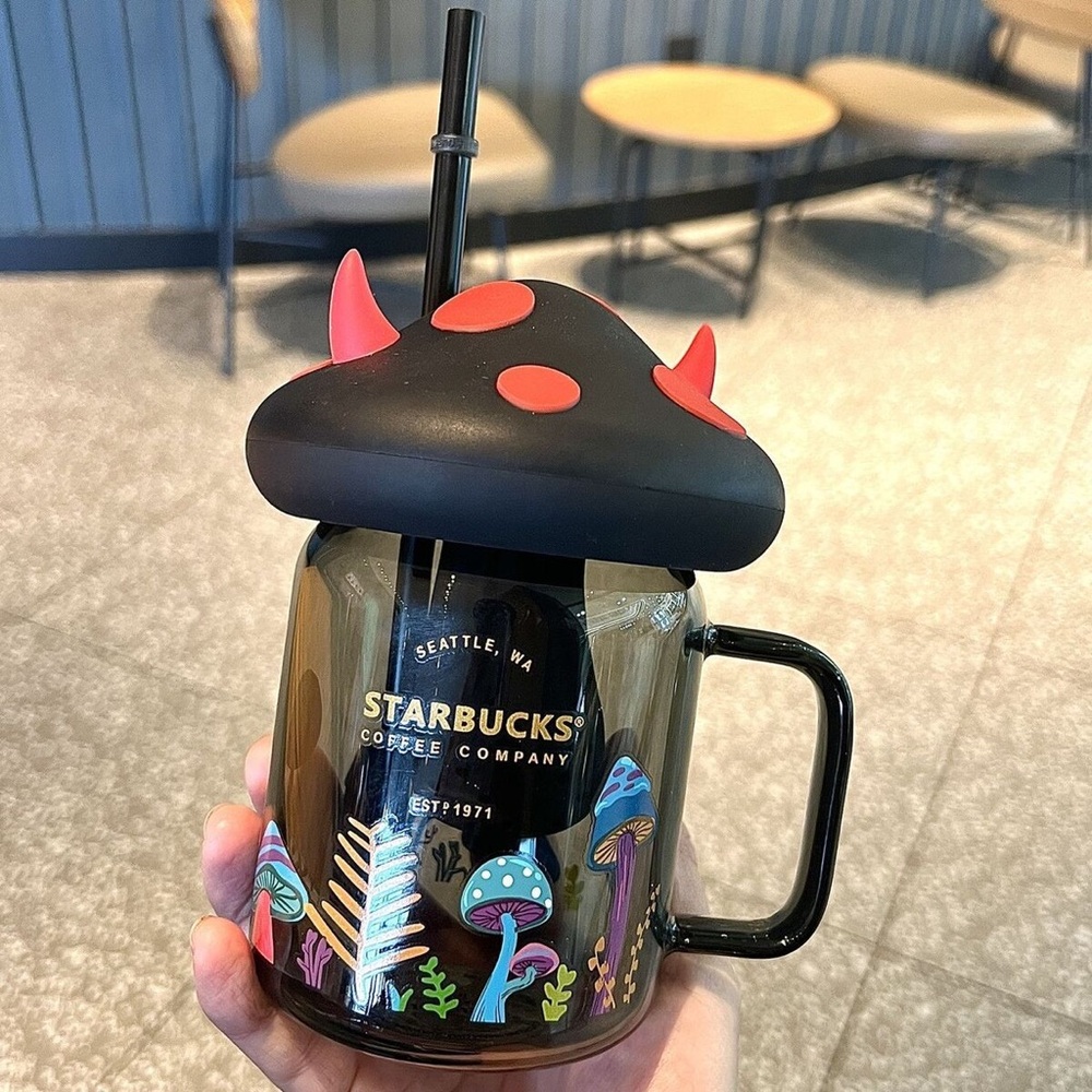 Starbucks Halloween 2021 - Kawaii Devil Cat  black Straw Mason Jar 525ml limited